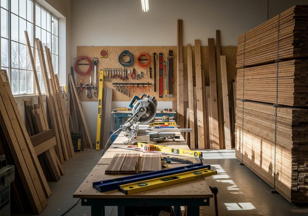 Carpentry workshop with tools, materials, and framing equipment ready for residential and commercial projects.