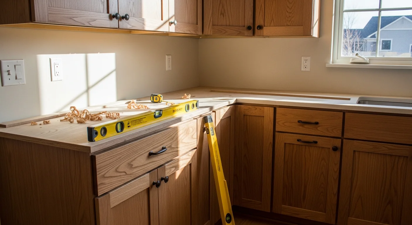 Carpenter installing custom cabinets in a residential kitchen