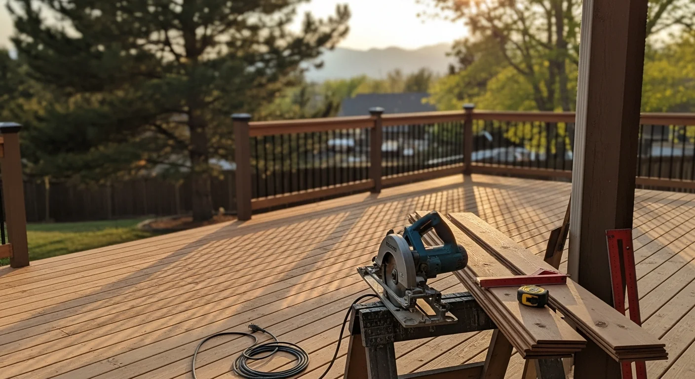 Newly constructed residential deck with railings and stairs