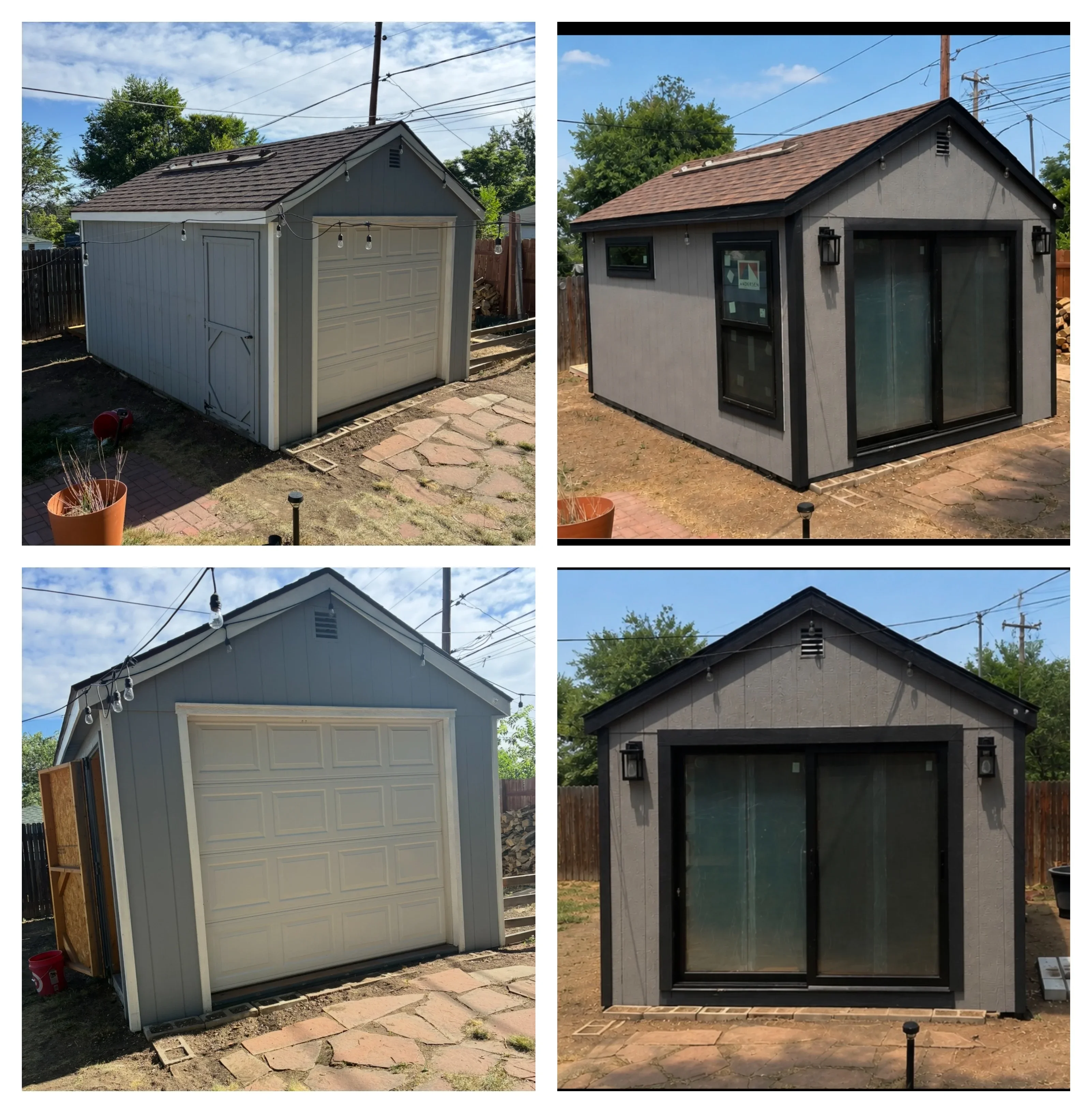 Before and after shed renovation with new siding, garage door, and black-framed windows