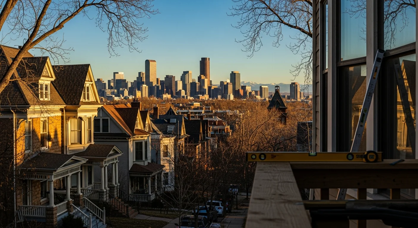 Downtown Denver skyline with Capitol Hill residential neighborhoods in the foreground under clear blue sky.