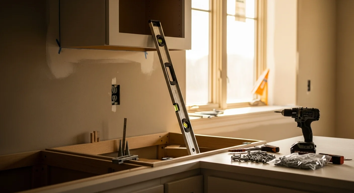 Freshly installed wood-finish kitchen cabinets with fitted hardware in a Denver, CO home, showing level upper and lower cabinet rows along a painted interior wall. A carpenter from Ginger Build Decking adjusts a cabinet door during the final fitting stage of the installation.
