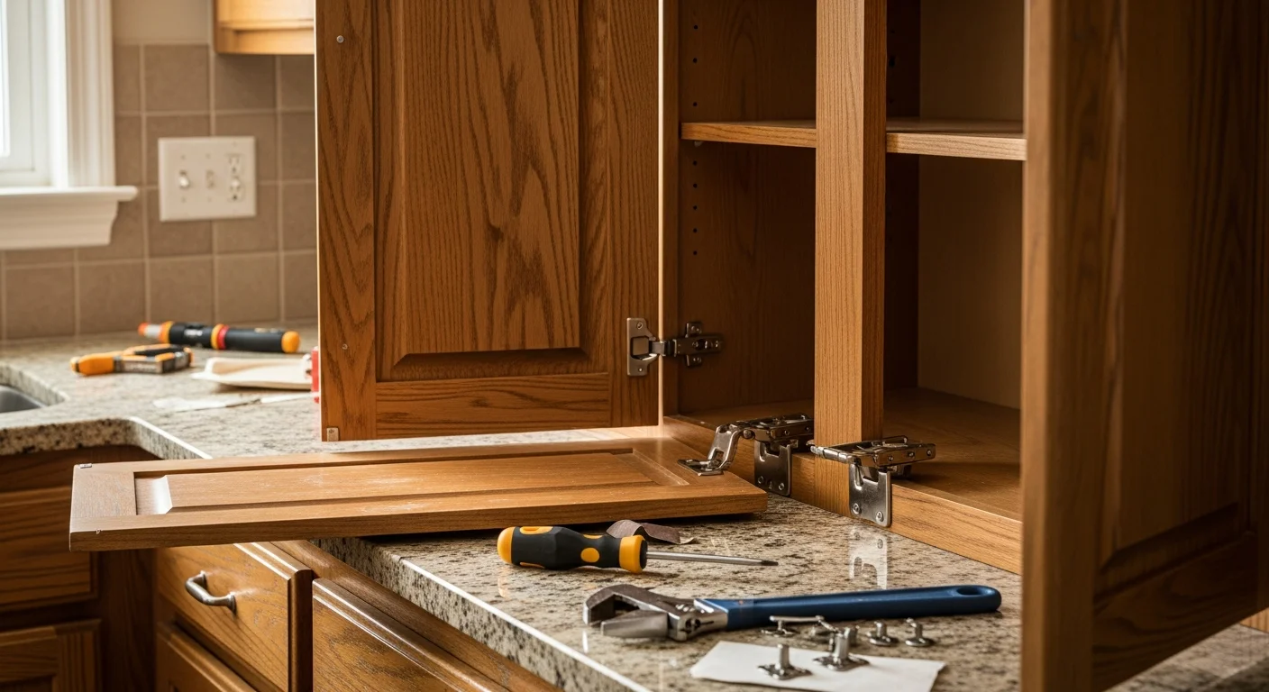 A carpenter repairing a misaligned kitchen cabinet door in a Denver home, with tools and a reinforced cabinet frame visible. Close-up view shows a newly adjusted hinge on a wood cabinet in a residential kitchen setting.