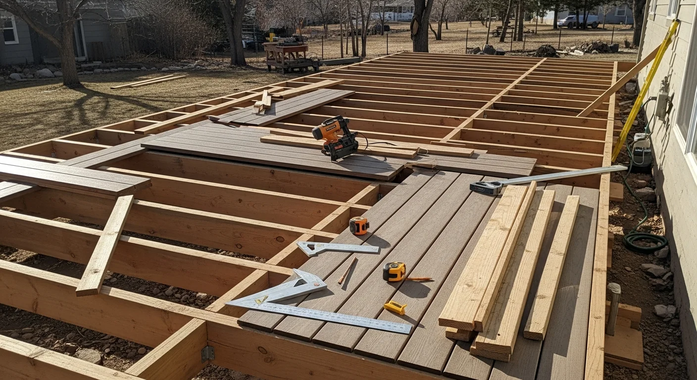 A finished custom deck on a Denver, CO residential home, featuring a clean railing system and open layout designed for the home's backyard footprint. The deck structure reflects material and framing choices suited to Colorado's high-altitude climate.
