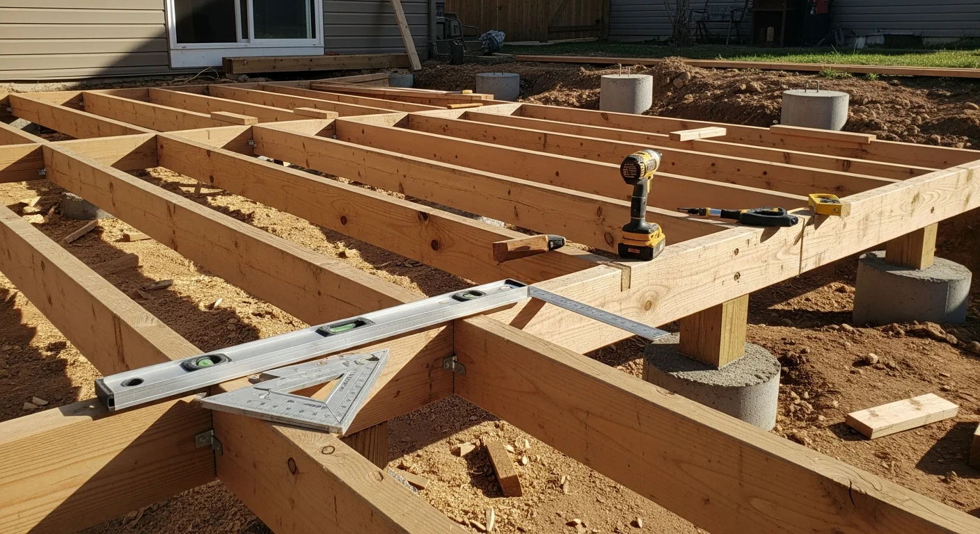 A newly completed custom deck built by Ginger Build Decking on a Denver, CO residential home, showing a framed composite deck surface with railing and stair access to a backyard. The structure reflects Denver-specific footing depth and snow-load framing requirements.