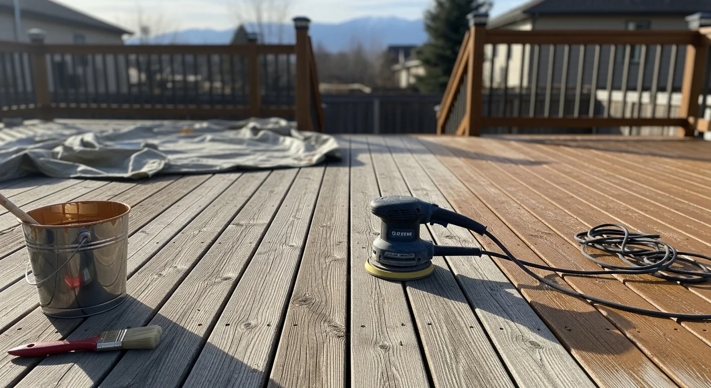 A refinished wood deck on a Denver, CO home showing clean, evenly stained boards with smooth surface texture and no visible graying or cracking. The deck is photographed in natural daylight with a residential backyard setting visible in the background.