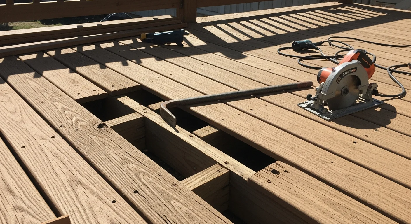 A repaired residential deck in Denver, CO showing replaced surface boards, secured railings, and reinforced post bases on a single-family home backyard. The structure shows clean, even decking with no visible rot, warping, or loose fasteners after professional repair work.