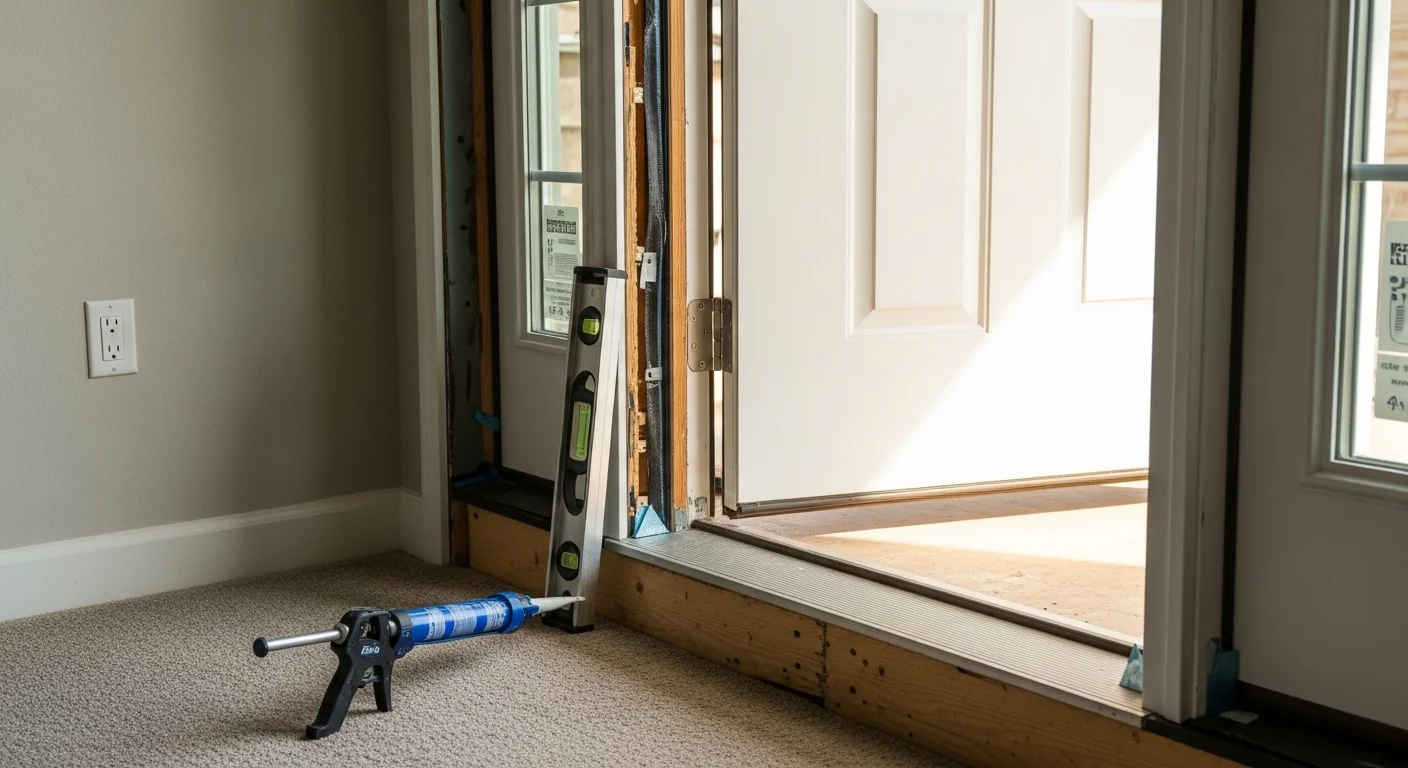 A newly installed exterior entry door on a Denver, CO residential home, showing clean trim lines, fitted weatherstripping, and aligned hardware. The door sits flush in a corrected frame with no visible gaps along the jamb.