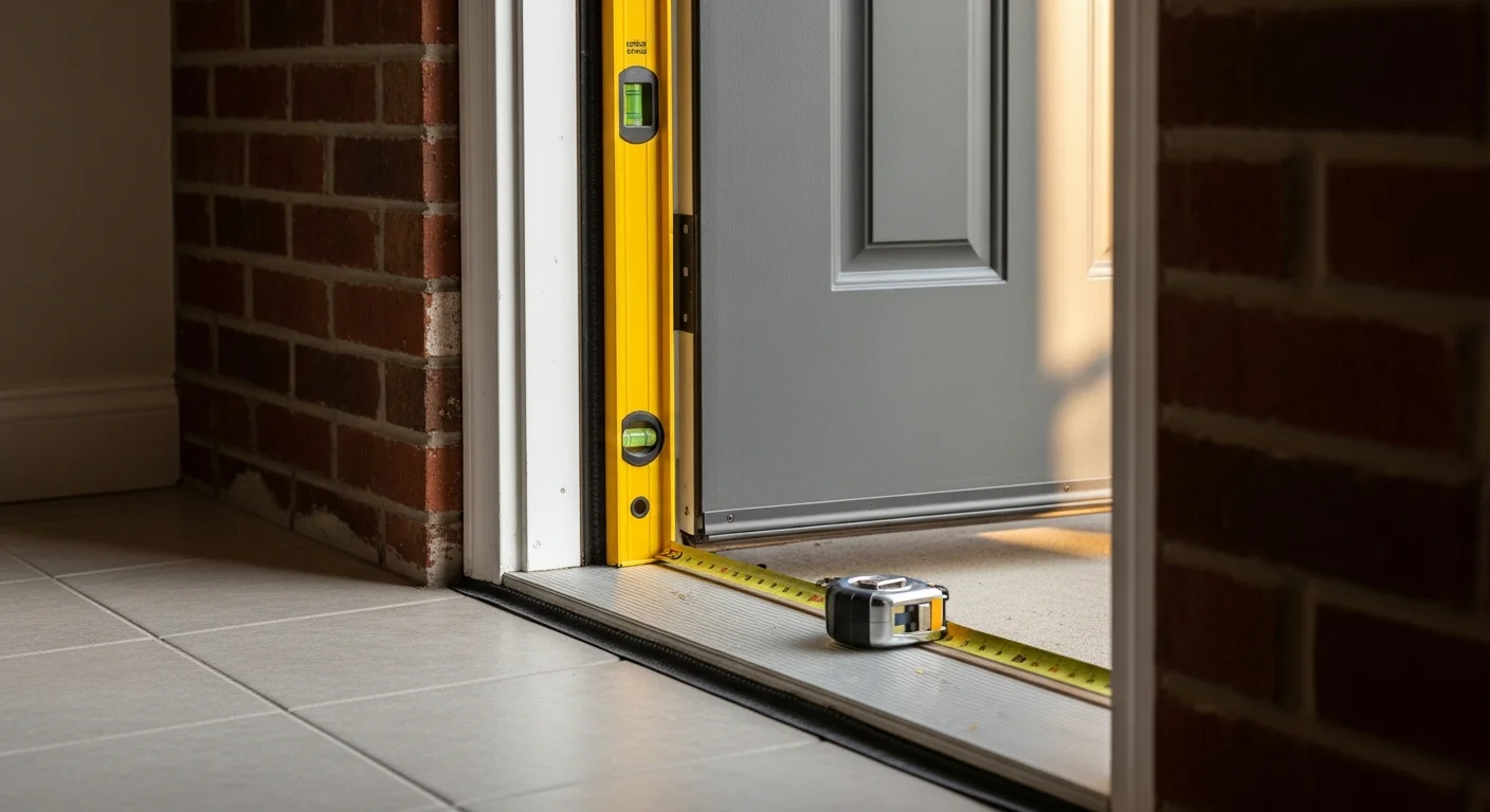 A newly installed exterior entry door on a Denver, CO home, showing a clean frame, tight weatherstripping, and a finished threshold ready for Colorado's climate. The surrounding exterior reflects a typical Denver residential property with a clear view of the front entryway.