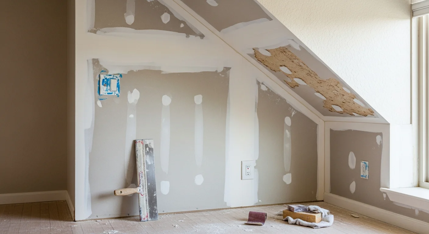 A freshly patched and texture-matched drywall repair on an interior wall of a Denver, CO home, with a smooth surface ready for paint. The repaired area blends evenly with the surrounding wall in a residential living room setting.