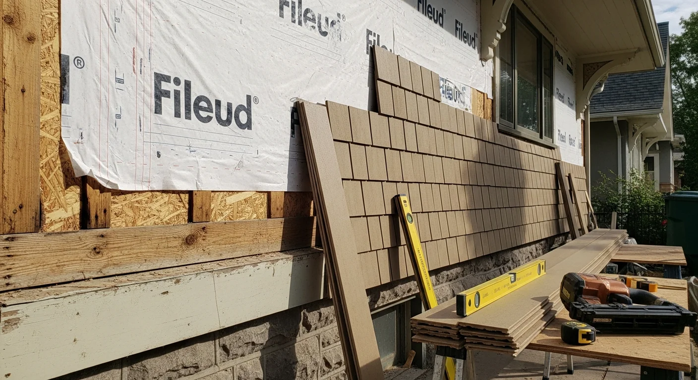 Freshly installed exterior cladding on a two-story Denver, CO home with clean panel lines and updated trim detail. The finished wall assembly shows tight seams and consistent reveal depth across the full front elevation.