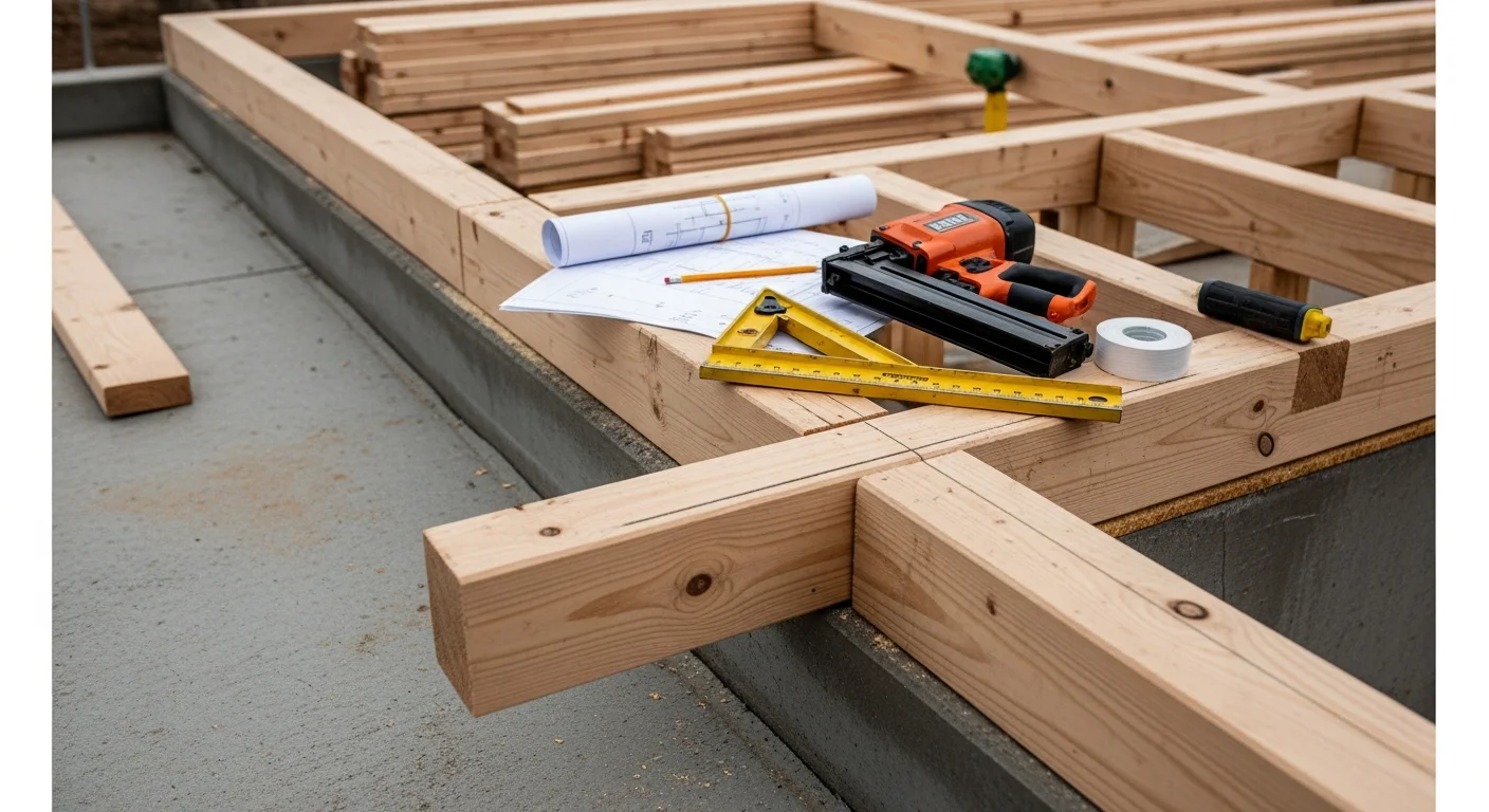Residential wood framing in progress on a Denver, CO home addition, showing plumb wall studs, structural headers, and floor joists under a clear Colorado sky.