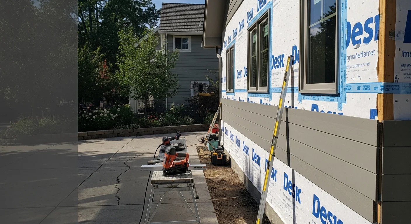 Freshly installed siding on a Denver, CO home with clean trim lines and a weather-resistive barrier visible at the wall edge during installation. The home exterior shows a complete re-side in progress against a clear Colorado sky.