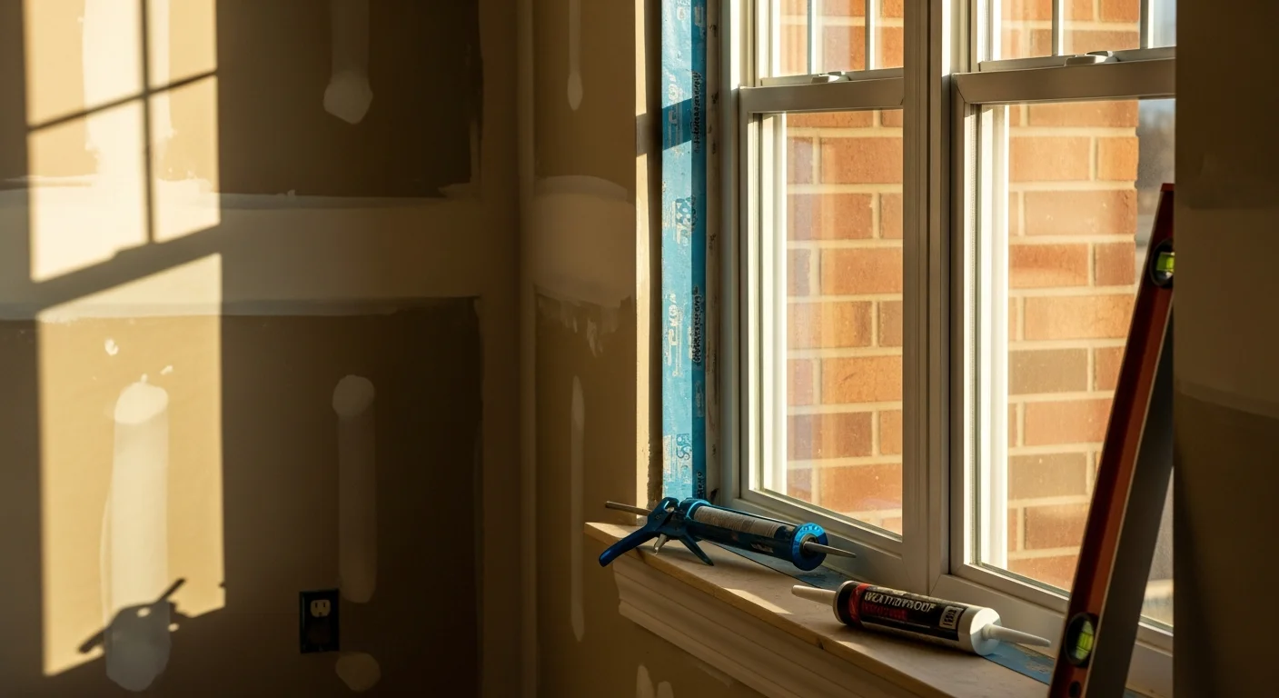 A Denver home exterior showing a newly installed double-hung replacement window with clean trim and a tight frame seal. The surrounding siding shows no gaps or damage, with the Rocky Mountain foothills visible in the background.